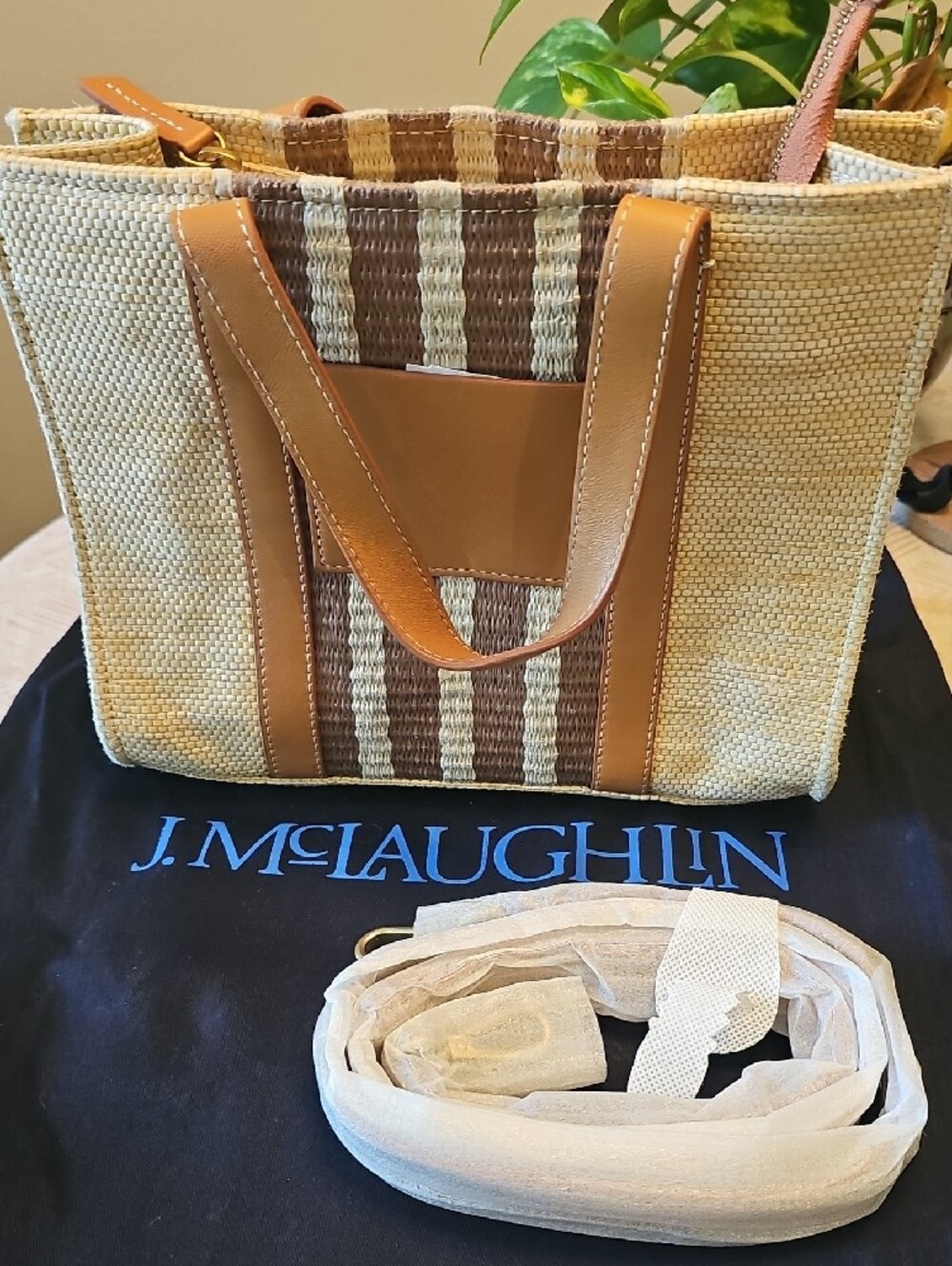 J. McLaughlin Tan and Brown Woven Duffel Tote - Picture 5 of 9
